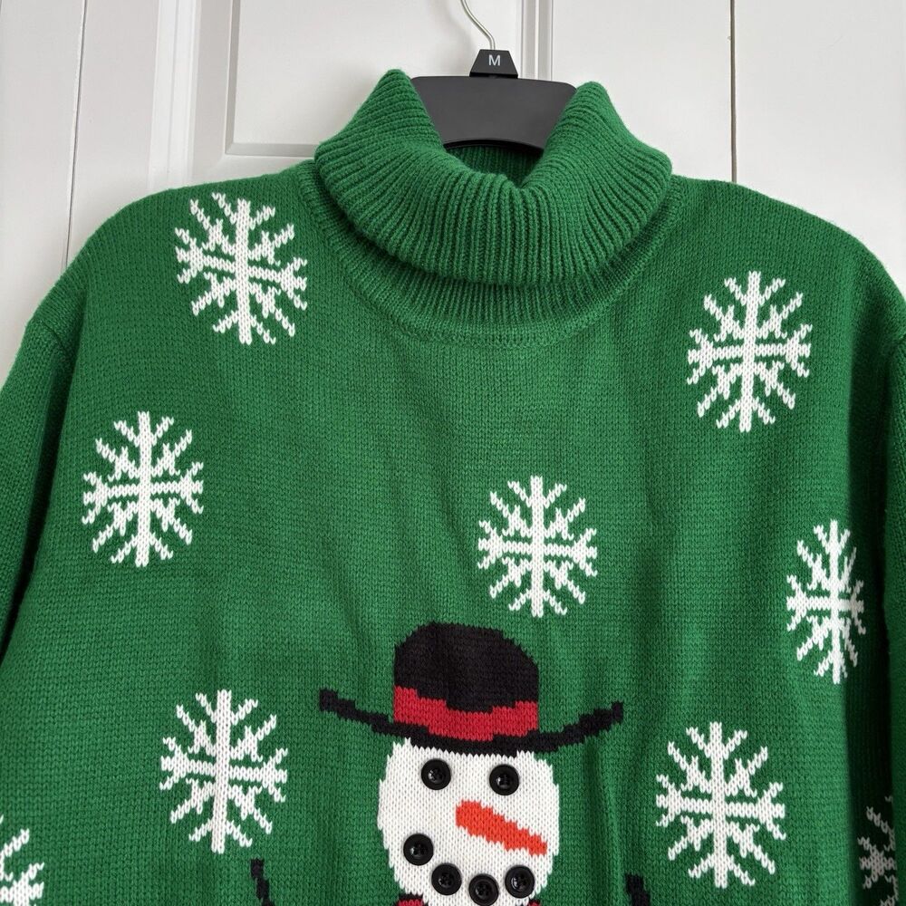 Ugly Christmas Sweater Women's Size 1X Green Snowman Turtleneck Pullover Knit - Picture 6 of 8